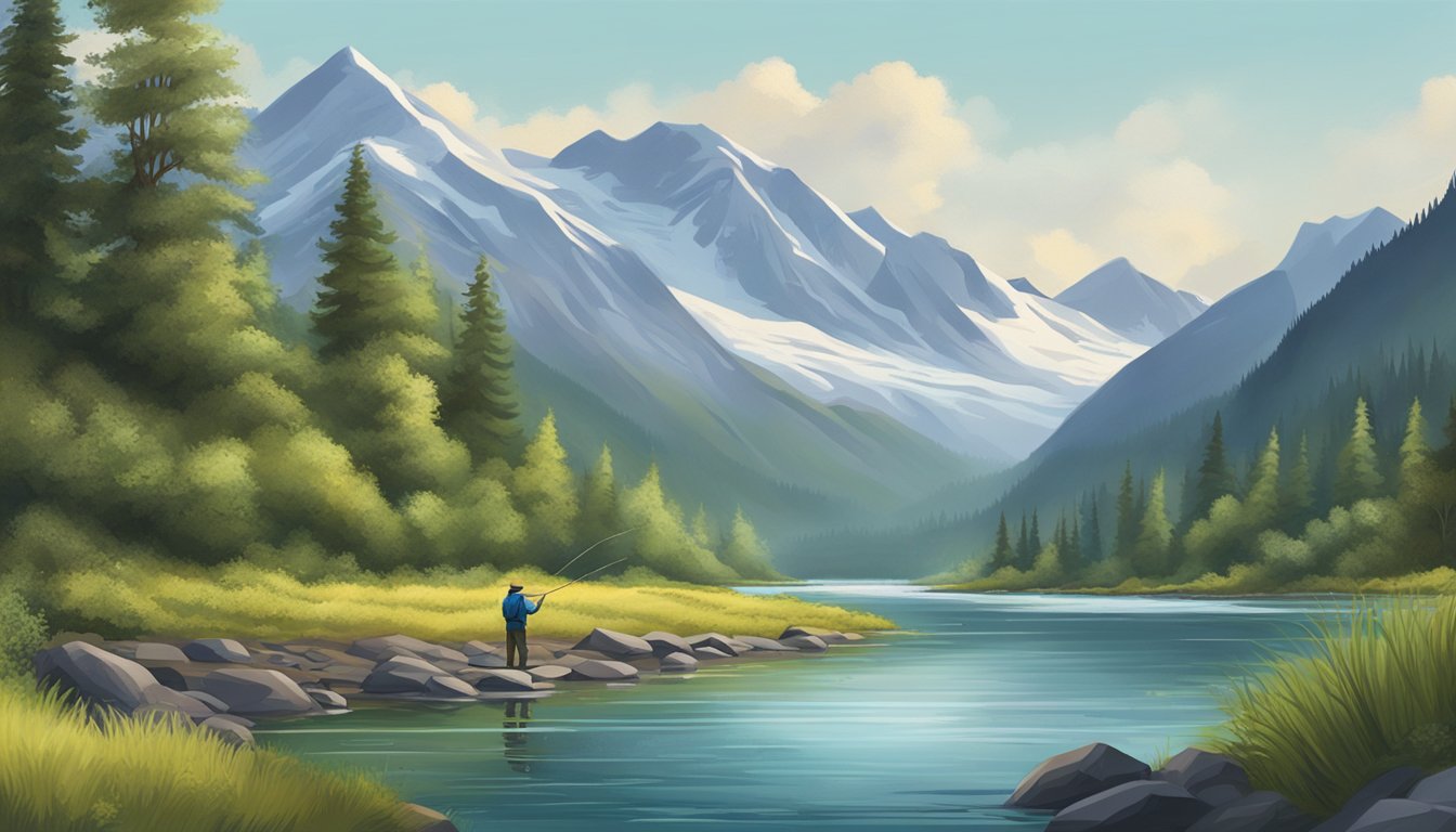 A picturesque Alaskan riverbank with a fisherman casting a line into the water, surrounded by lush greenery and snow-capped mountains in the distance