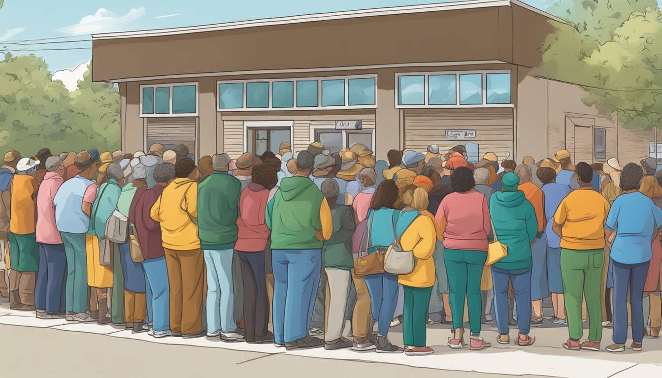 People lined up outside a food pantry in Trinity County, Texas, waiting to receive free groceries