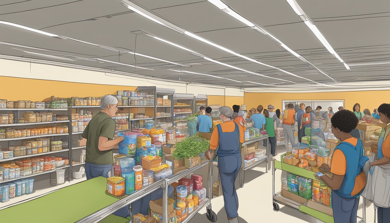 A bustling food pantry in Schleicher County, Texas, with volunteers distributing free groceries to those in need