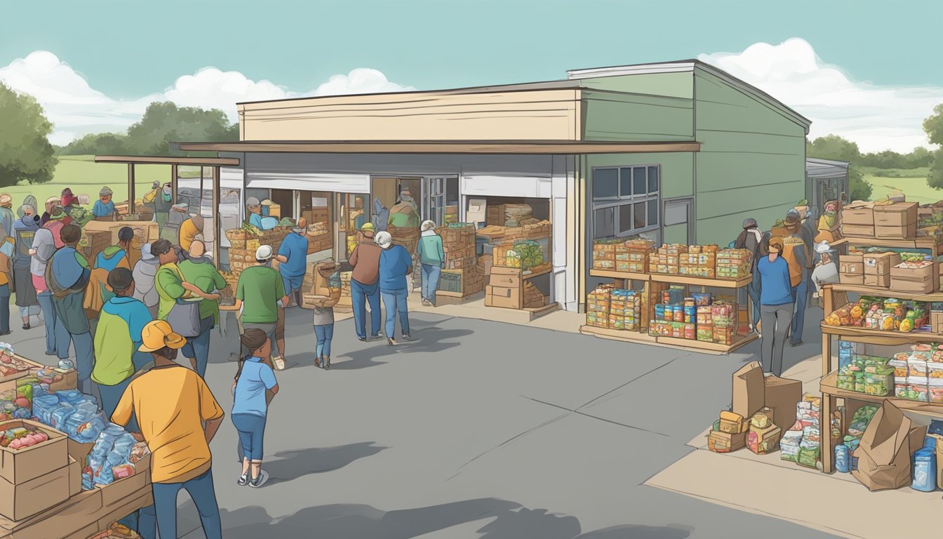 A bustling food pantry in Parmer County, Texas, with volunteers distributing free groceries to those in need