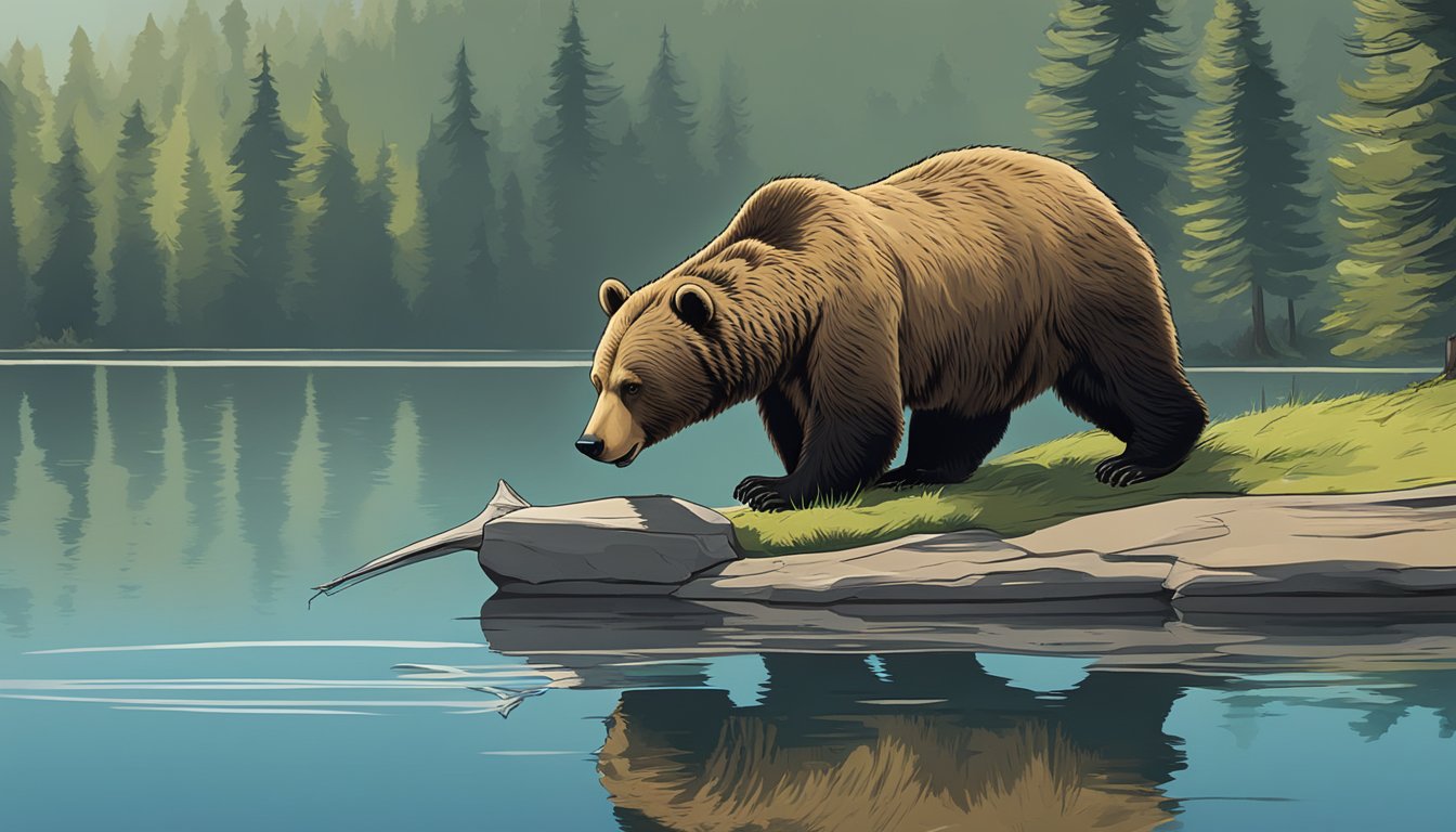 A bear catching and eating a perch by the edge of a tranquil lake