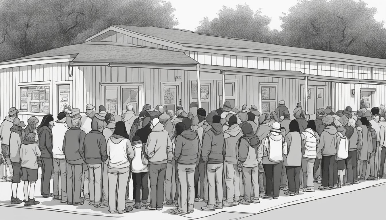 A line of people waiting outside a food pantry in Parmer County, Texas. The pantry is open and volunteers are distributing groceries to those in need