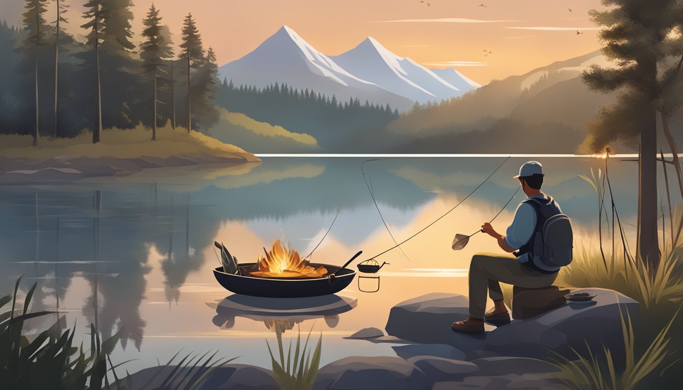 A serene lakeside with a fishing perch being caught and then cooked over a campfire