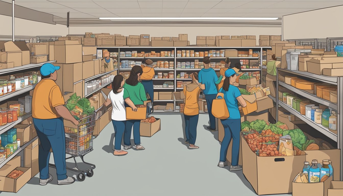 A bustling food pantry in Parmer County, Texas, with volunteers distributing free groceries to those in need