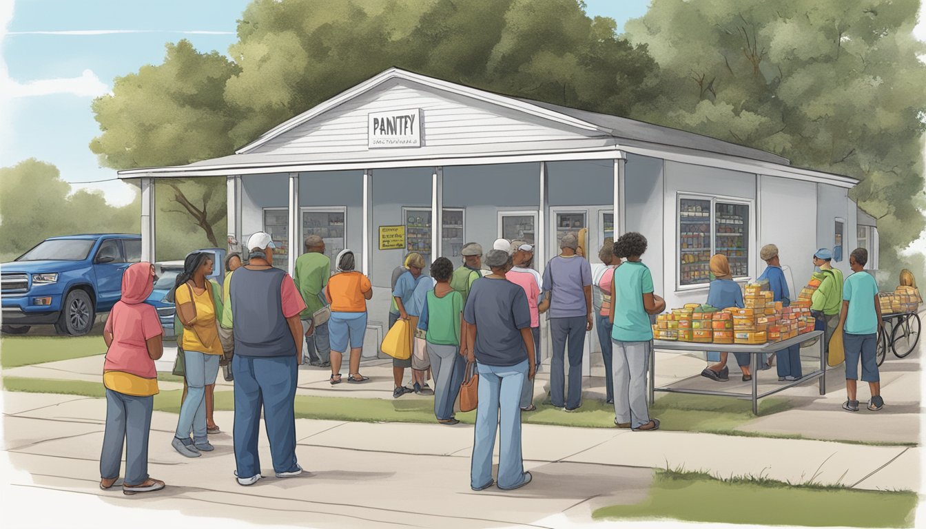 A line of people waits outside a small, local food pantry in Shelby County, Texas. Volunteers hand out free groceries to those in need