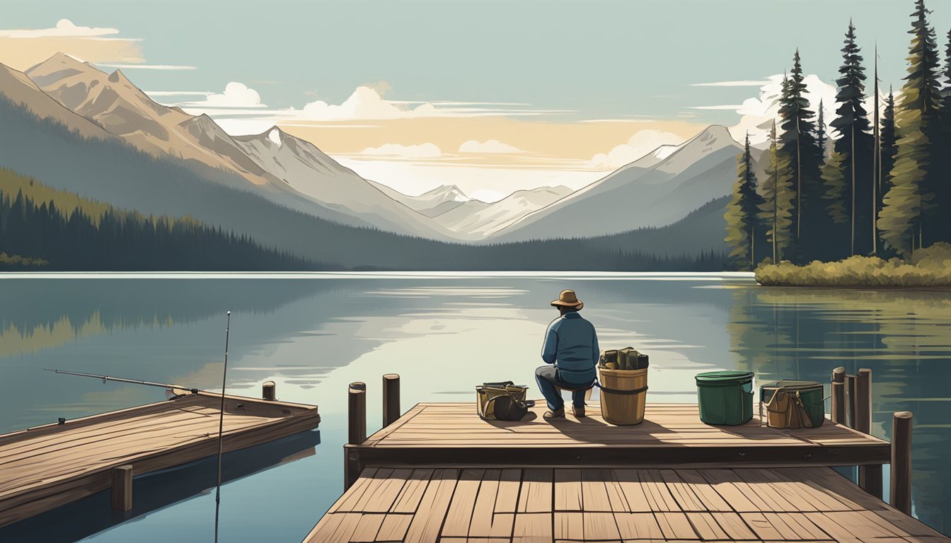 A person setting up fishing gear on a wooden dock beside a calm lake, with mountains in the background