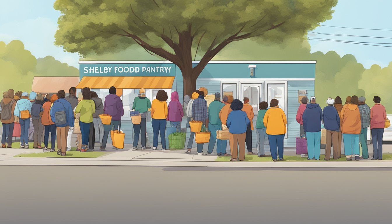 A line of people wait outside a food pantry in Shelby County, Texas. Volunteers distribute free groceries to those in need