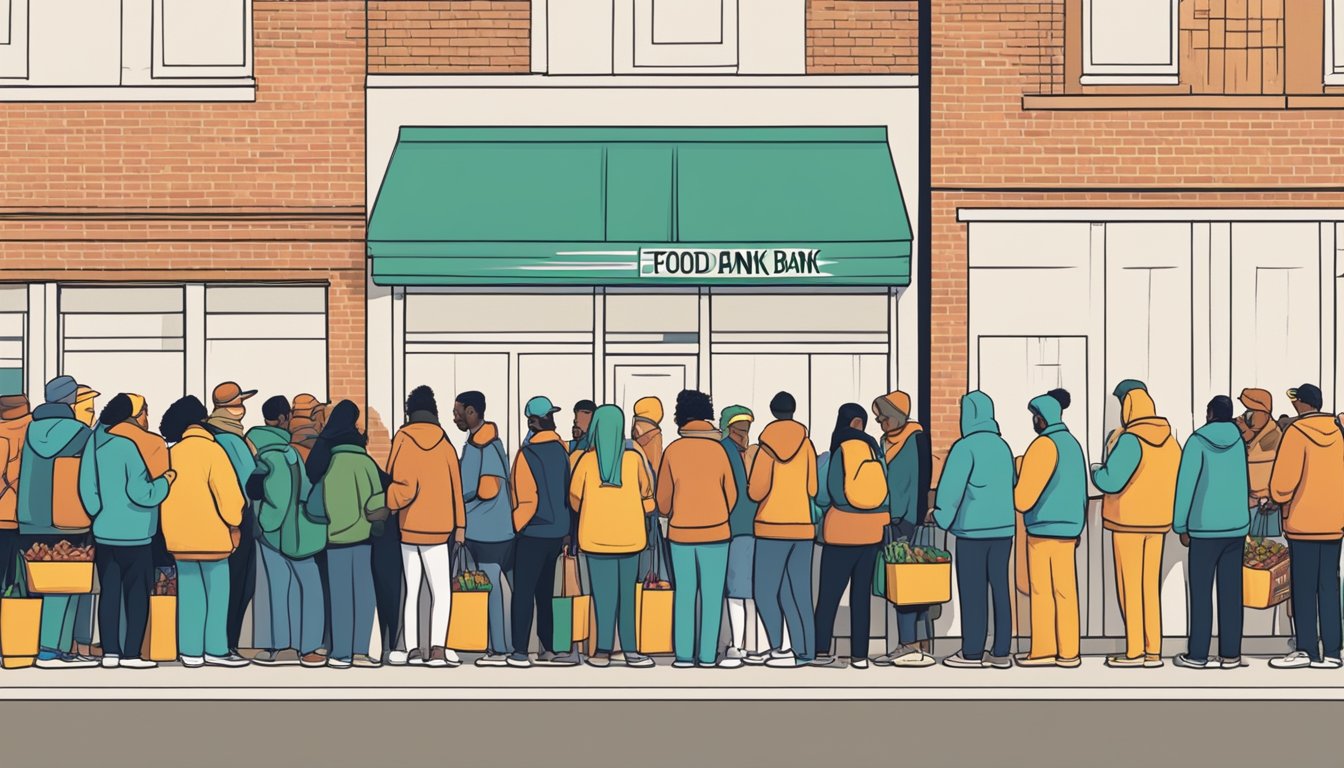 A line of people wait outside a food bank, with volunteers distributing free groceries to those in need