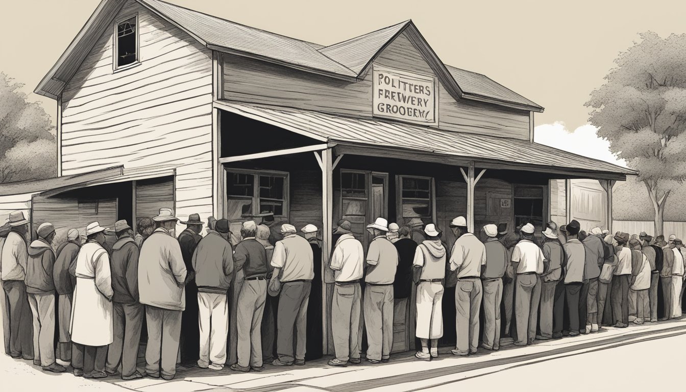 A line of people waits outside a small building, where volunteers distribute free groceries and food supplies in Potter County, Texas