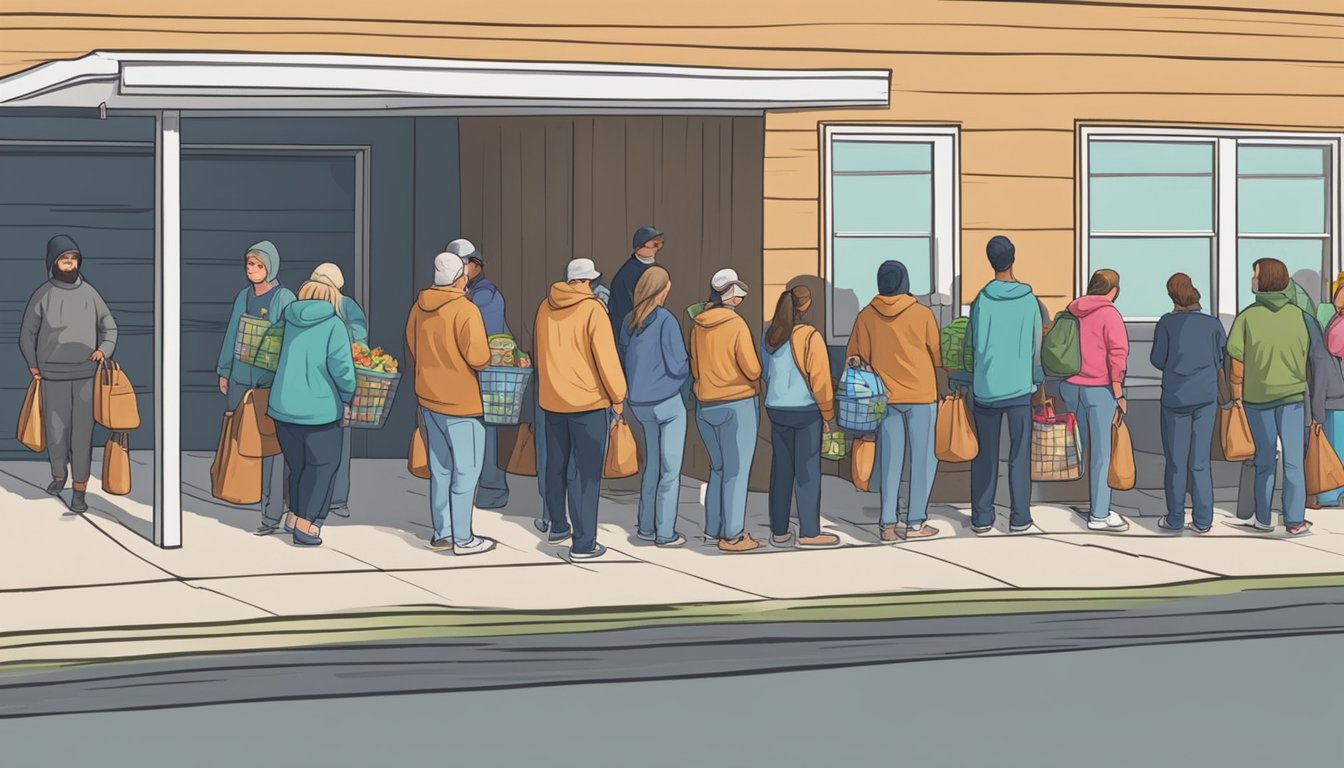 A line of people waits outside a food pantry in Tyler County, Texas. Volunteers hand out free groceries to those in need