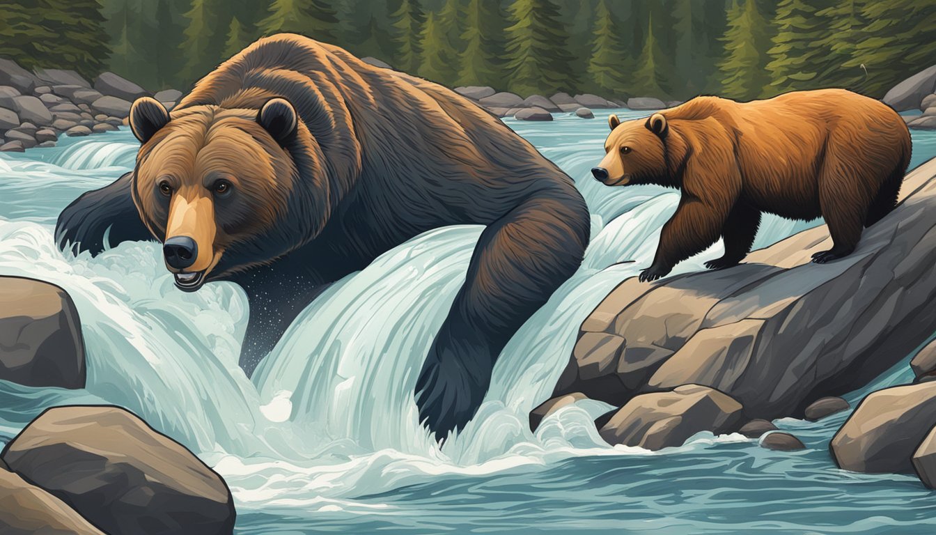 A bear catching and eating kokanee salmon in a rushing river