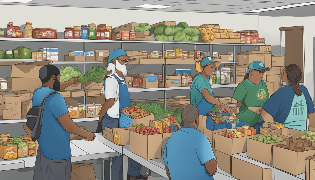 A bustling food pantry in Tyler County, Texas, with volunteers distributing free groceries to those in need