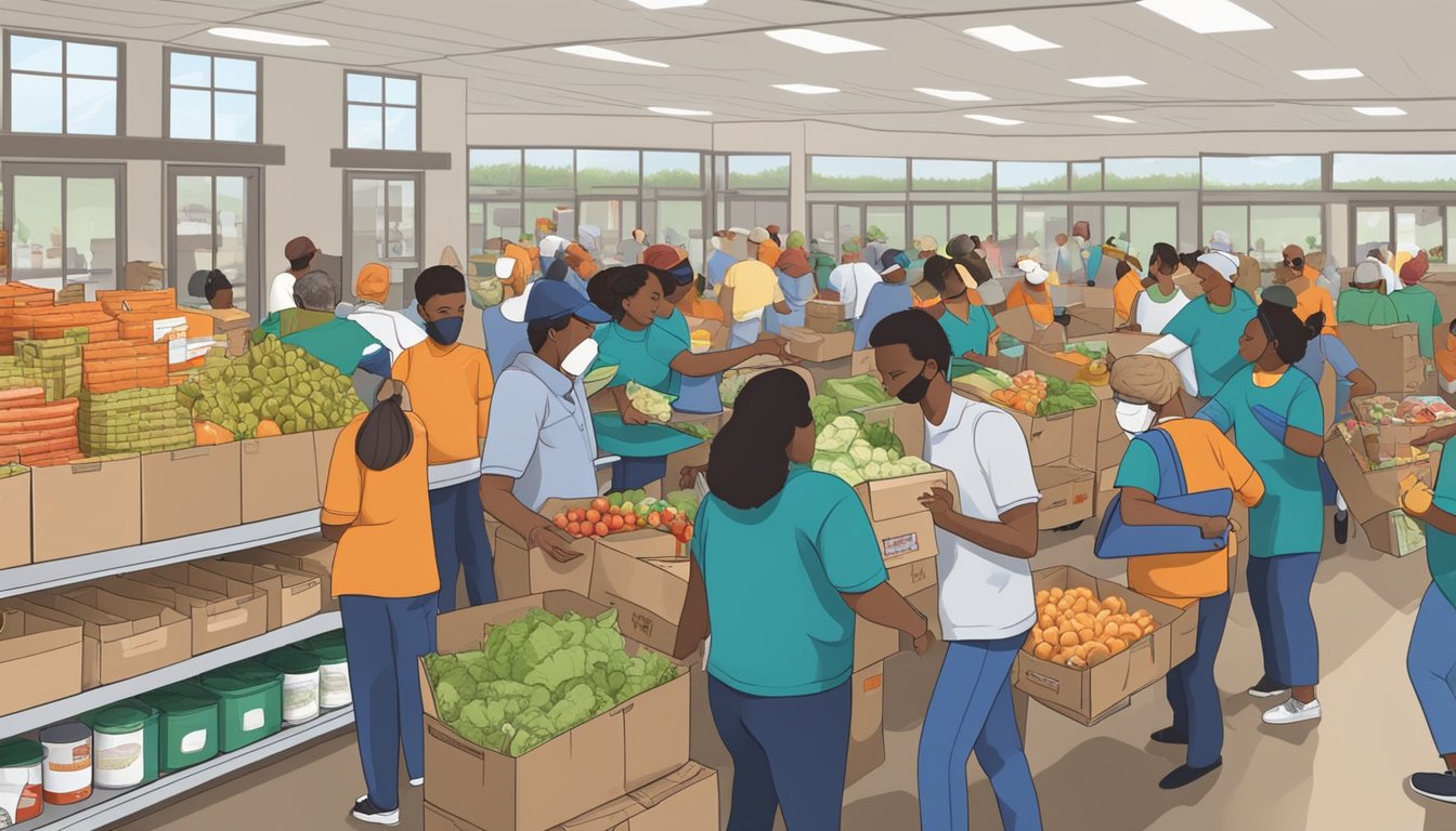 A bustling food pantry in Shelby County, Texas, with volunteers distributing free groceries to those in need