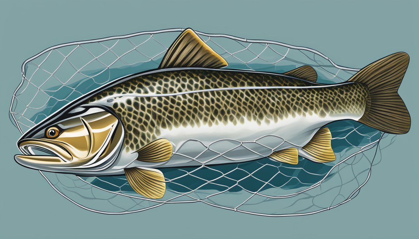 A lake trout caught in a net, being prepared for consumption near the water's edge