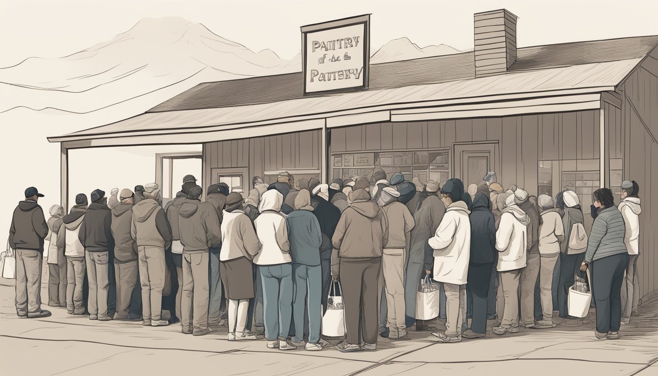 A line of people wait outside a local pantry in Potter County, Texas, as volunteers distribute free groceries and food to those in need