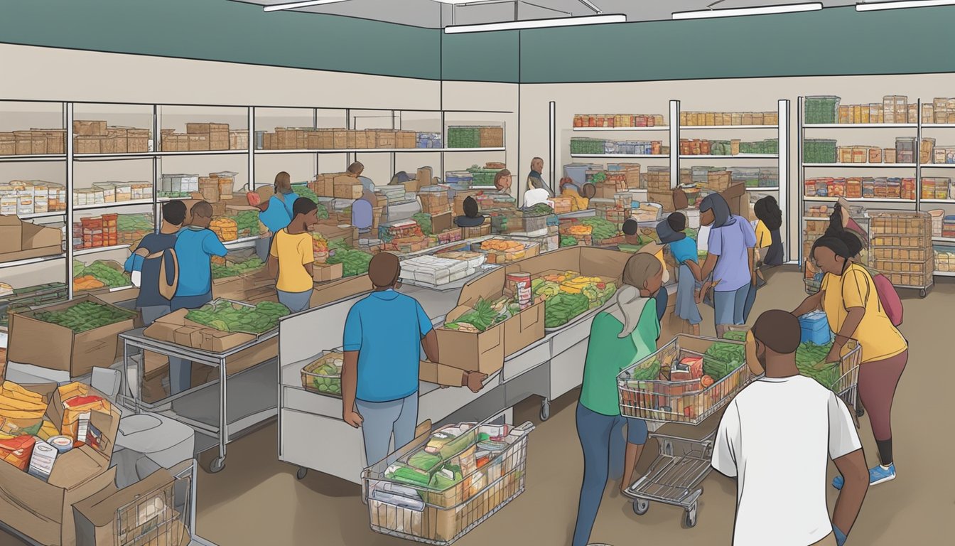 A bustling food pantry in Shelby County, Texas, with volunteers distributing free groceries to those in need