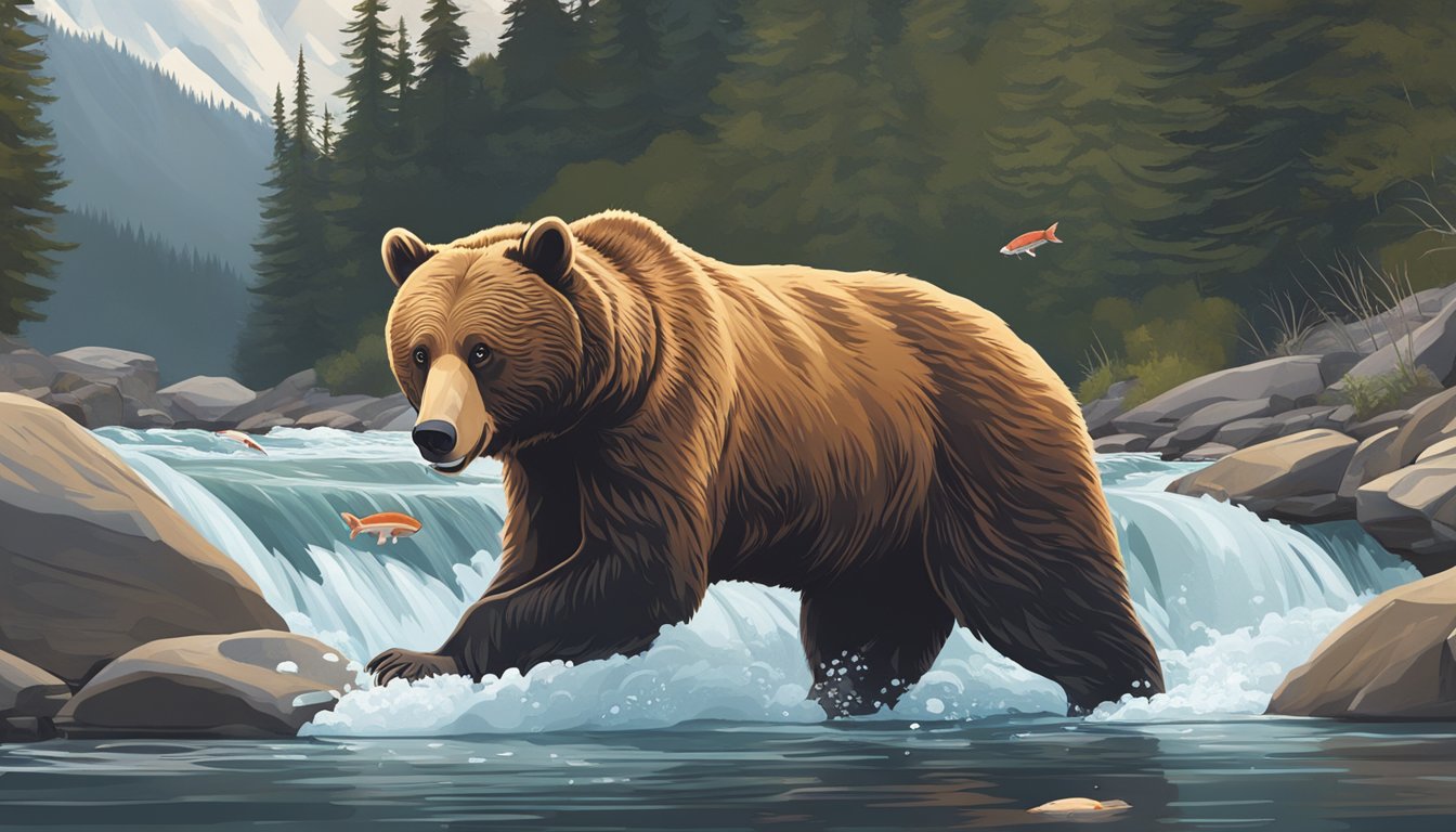 A bear catching and eating a kokanee salmon by a rushing river