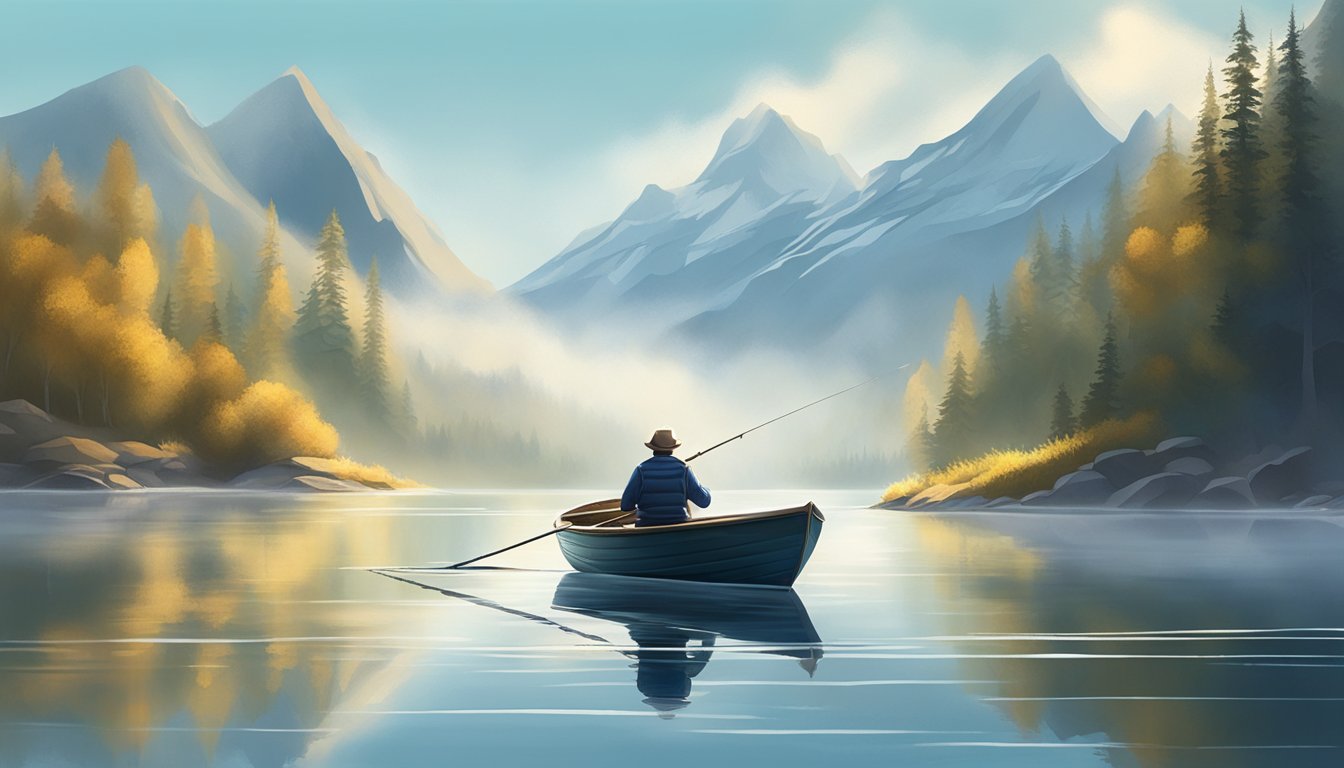 A figure in a small boat on a calm lake, casting a fishing line towards the water, surrounded by misty mountains and a clear blue sky