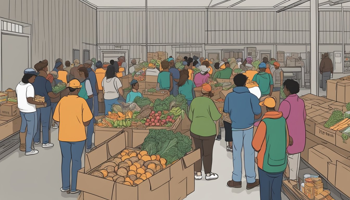 Volunteers distribute groceries at a food pantry in Shelby County, Texas. Tables are stocked with canned goods, bread, and fresh produce. Recipients wait in line for assistance