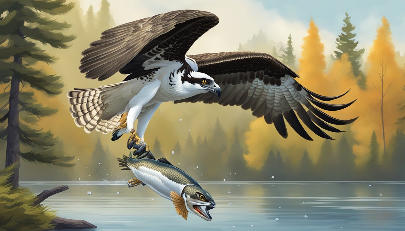 A sleek osprey swoops down, snatching a shimmering lake trout in its talons before flying off to a nearby tree to enjoy its fresh catch