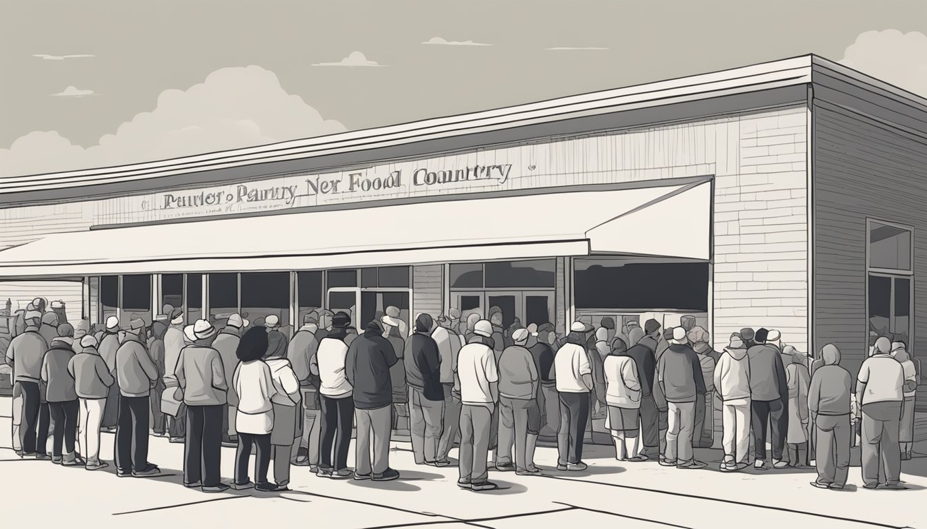 A line of people waiting outside a food pantry in Tyler County, Texas, with volunteers distributing free groceries to those in need