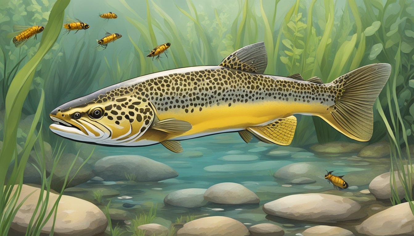 A gila trout swimming in a clear, rocky stream, surrounded by aquatic plants and small insects