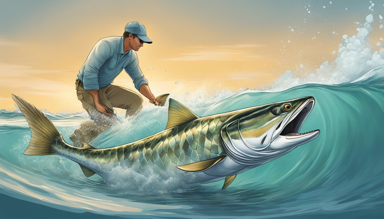 A person releasing a tarpon back into the water after catching it