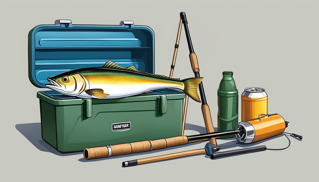 A fishing rod, tackle box, and a cooler with freshly caught ahi fish