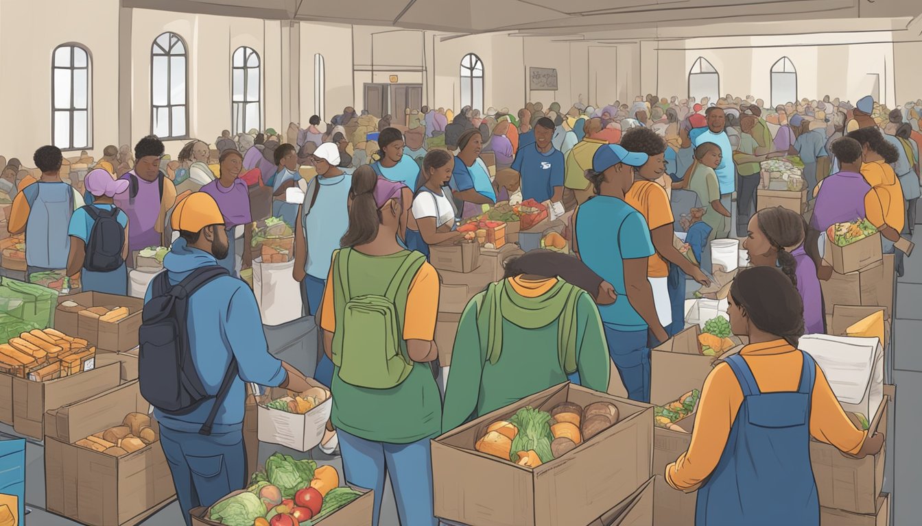 A bustling local church with volunteers distributing free groceries and food to those in need in Tyler County, Texas