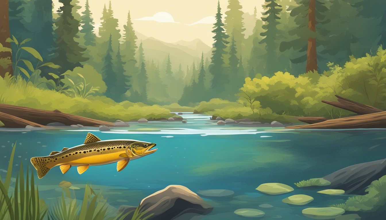 A gila trout swims in a clear stream, surrounded by lush vegetation and fallen logs. A bear catches the trout and eats it on the riverbank