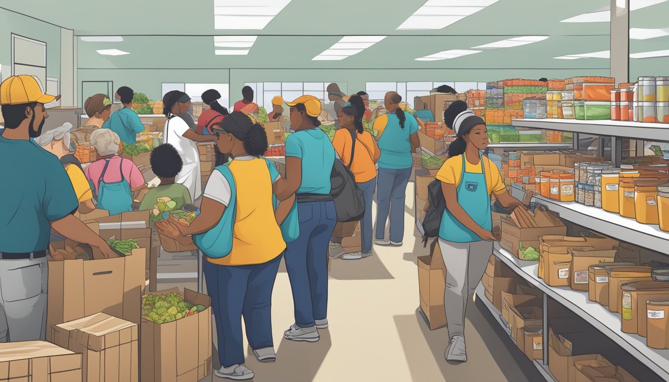 A bustling food pantry in Tyler County, Texas, with volunteers distributing free groceries to those in need