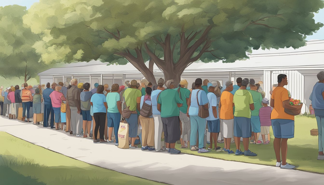 A line of people waits outside a small food pantry in Tyler County, Texas. Volunteers hand out bags of groceries to those in need