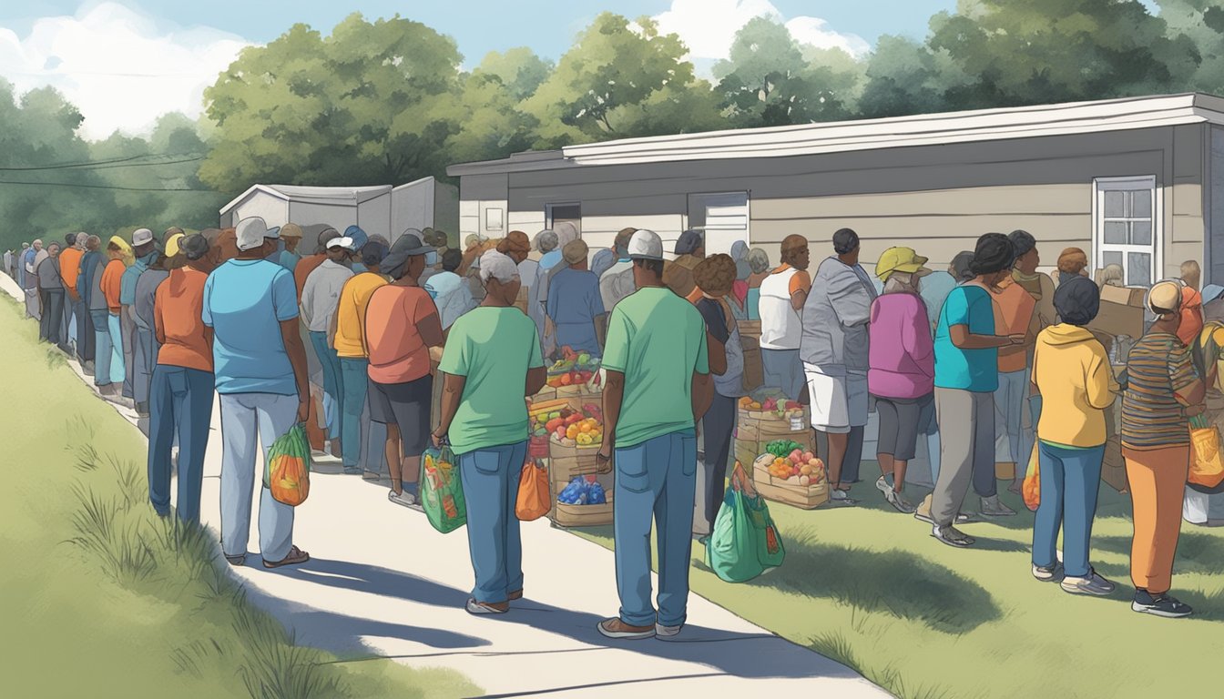 A line of people waits outside a small food pantry in Upshur County, Texas. Volunteers hand out bags of groceries to those in need