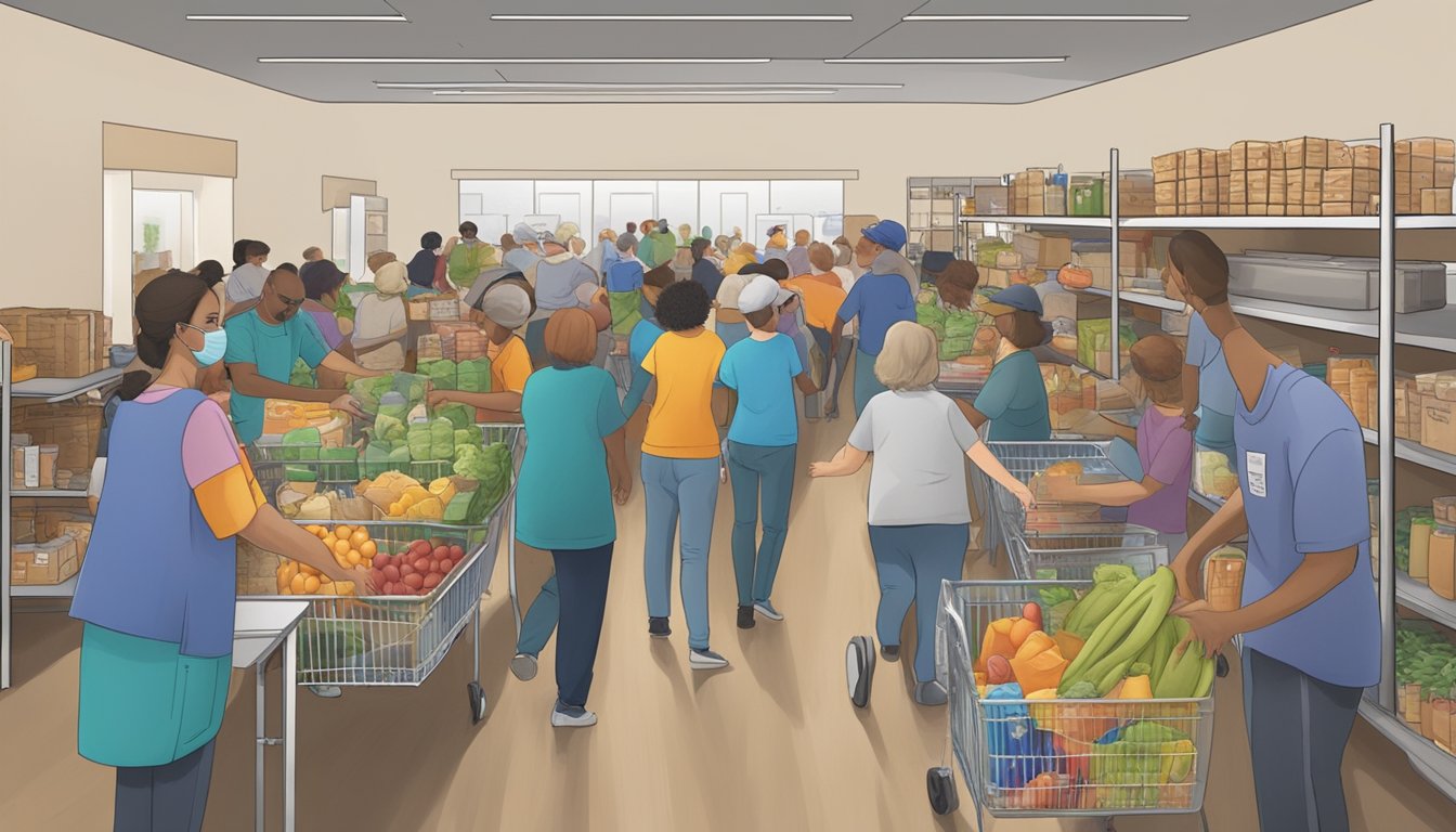 A bustling food pantry in Potter County, Texas, with volunteers distributing free groceries to those in need