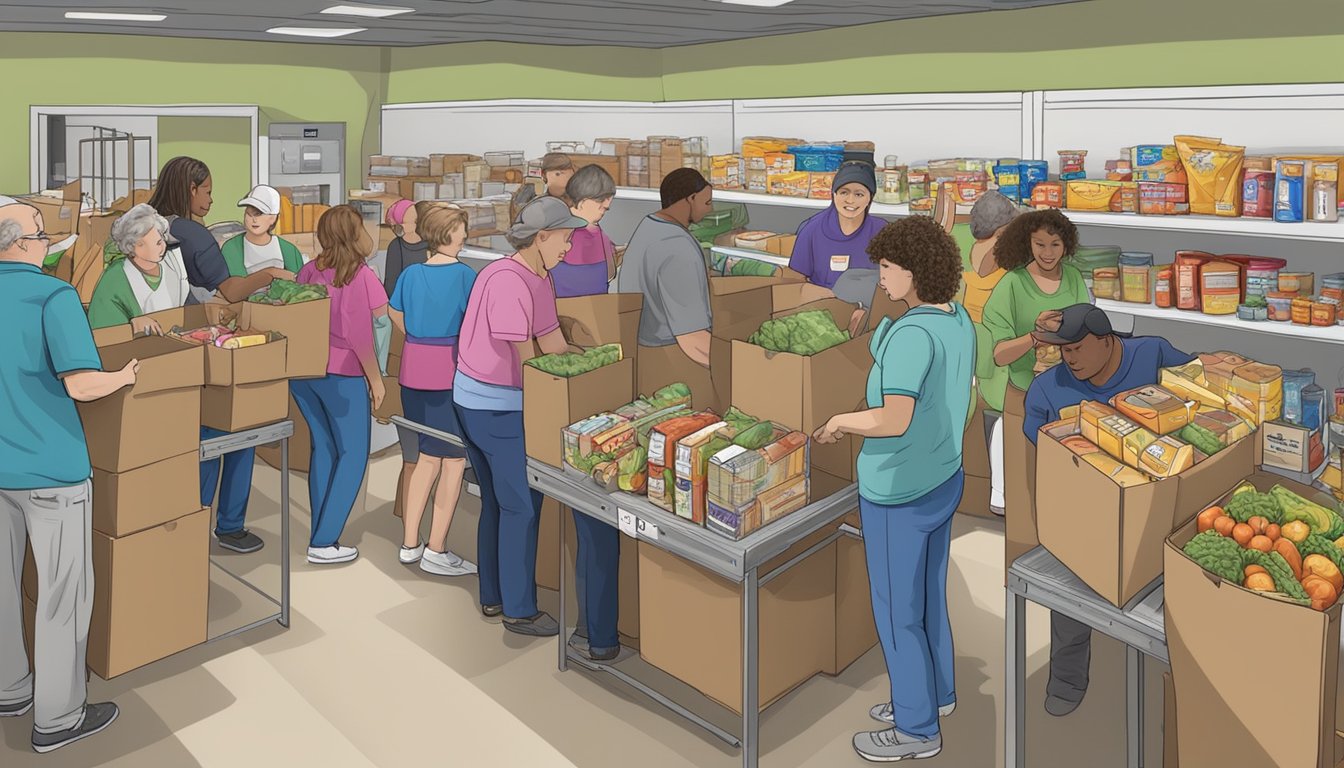 A bustling food pantry in Upshur County, Texas, with volunteers distributing free groceries to those in need