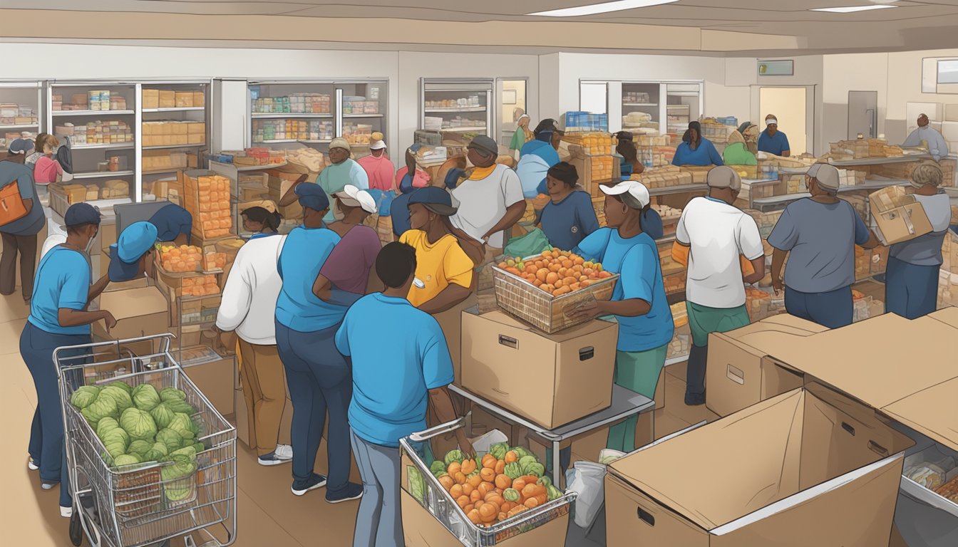 A bustling food pantry in Potter County, Texas, with volunteers distributing free groceries to community members in need