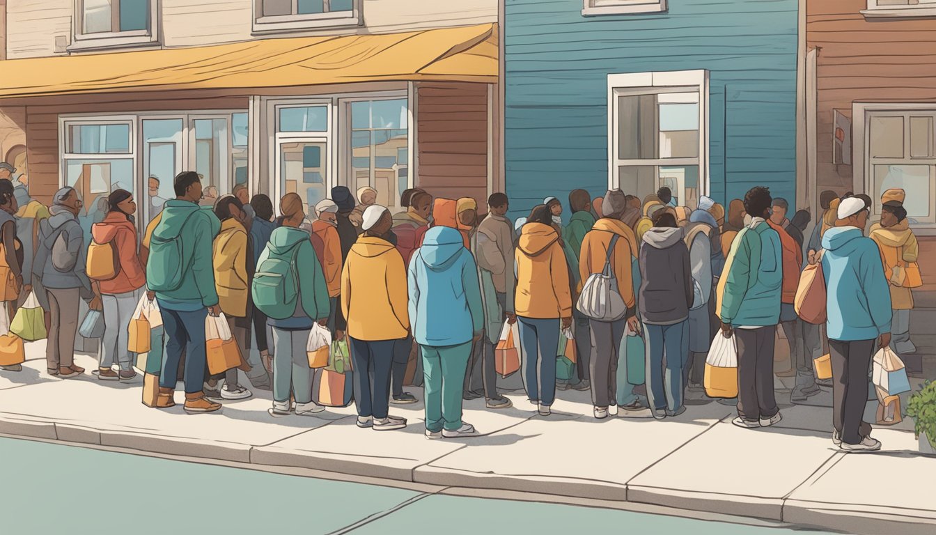 A line of people waits outside a small building, where volunteers hand out bags of groceries and hot meals. The sun shines down on the group, creating a sense of hope and community