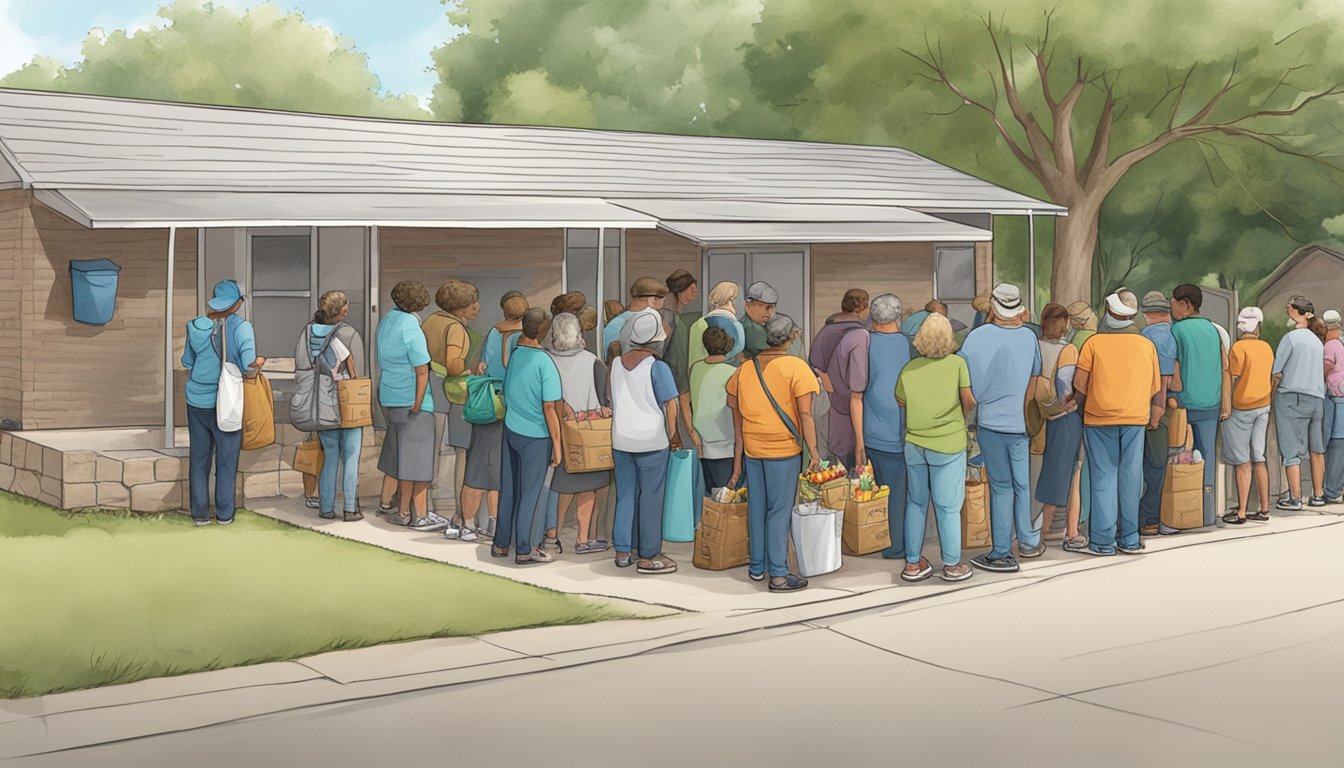 A line of people wait outside a food pantry in Somervell County, Texas. Volunteers hand out free groceries to those in need