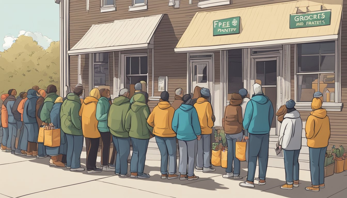 A line of people wait outside a small building with a sign reading "Free Groceries and Food Pantry." Volunteers hand out bags of food to those in need