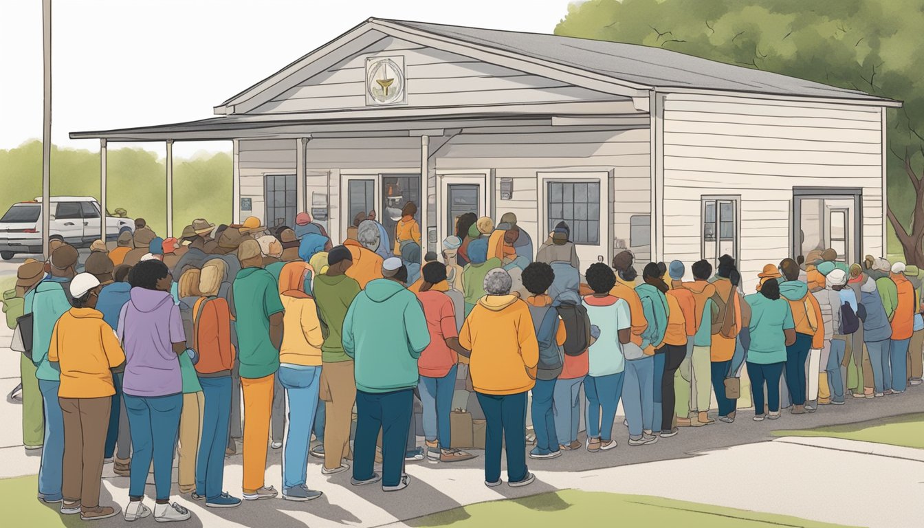 A line of people wait outside a food pantry in Somervell County, Texas, as volunteers distribute free groceries to those in need