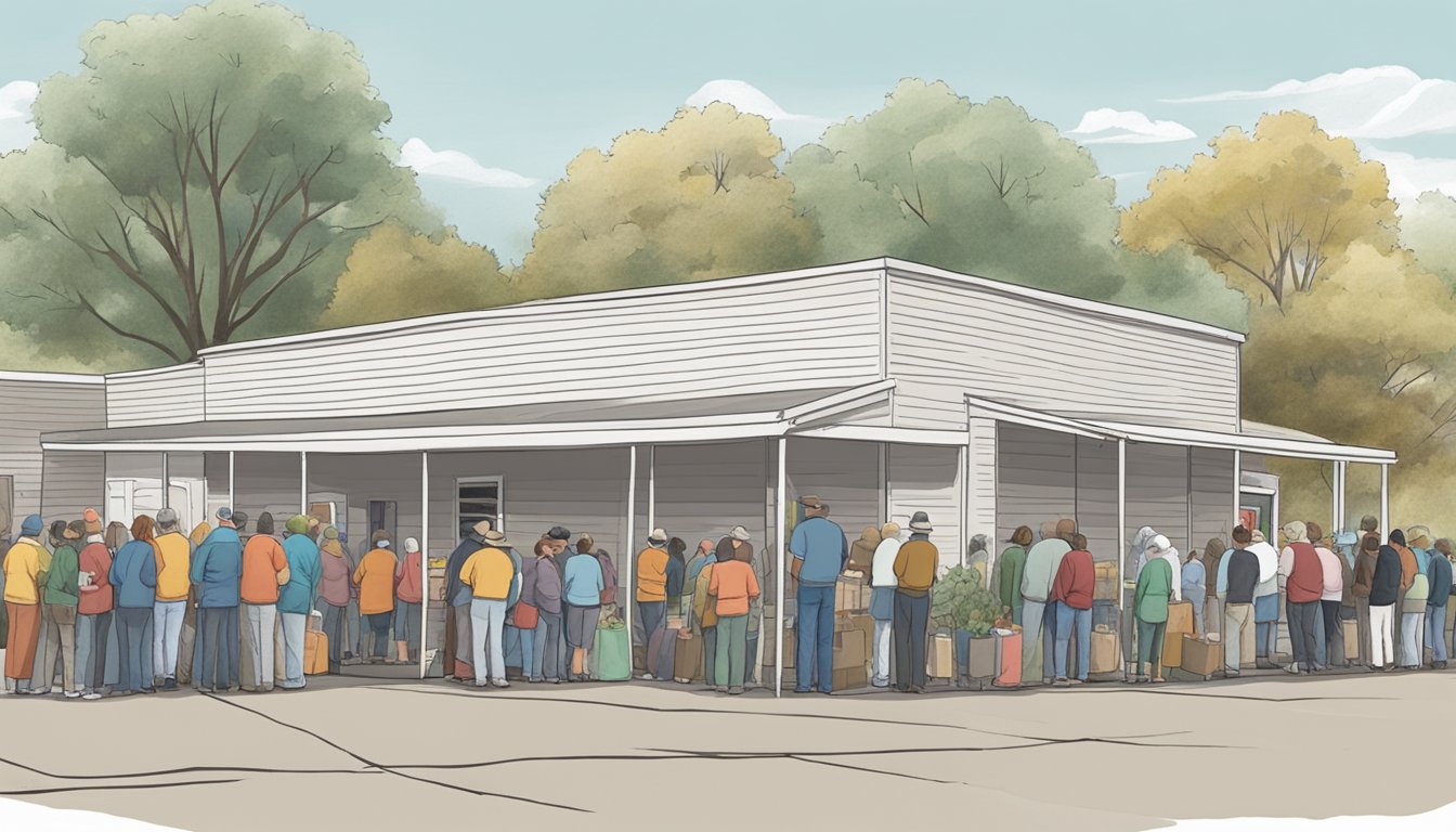 A line of people wait outside a food pantry in Potter County, Texas. Volunteers distribute free groceries to those in need