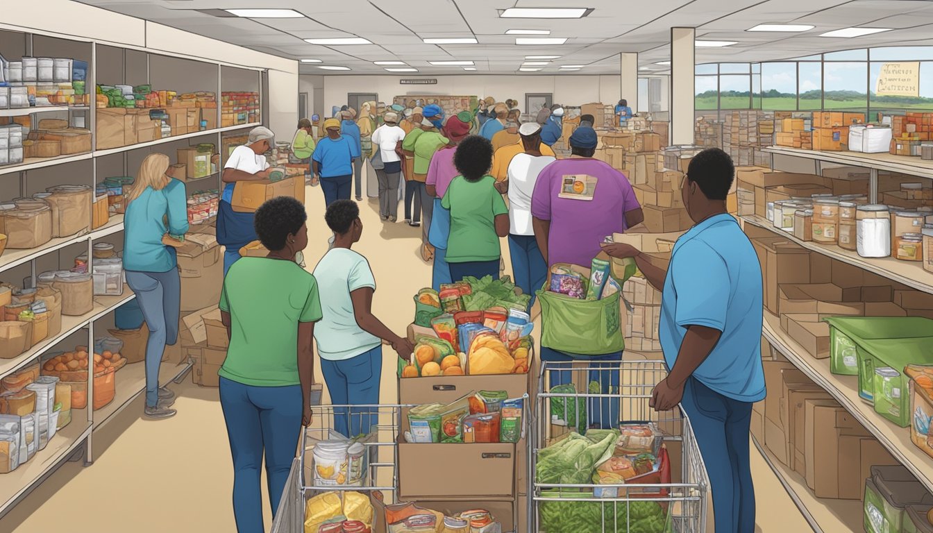 A bustling food pantry in Somervell County, Texas, with volunteers distributing groceries and hot meals to those in need