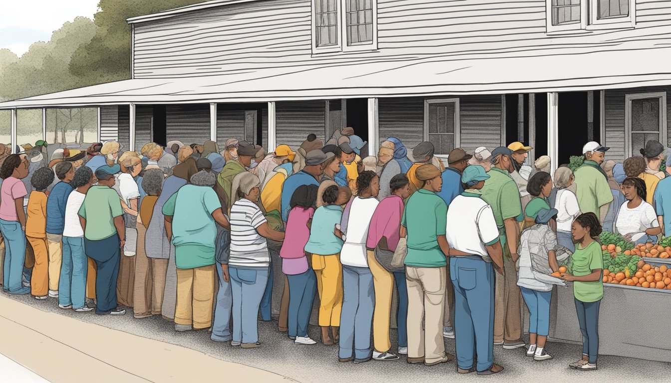 People lining up outside a food pantry in Upshur County, Texas, receiving free groceries and volunteer assistance