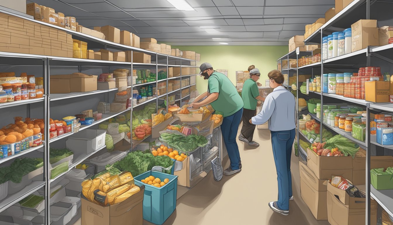 A bustling food pantry in Somervell County, Texas, filled with shelves of nutritious groceries and volunteers assisting those in need