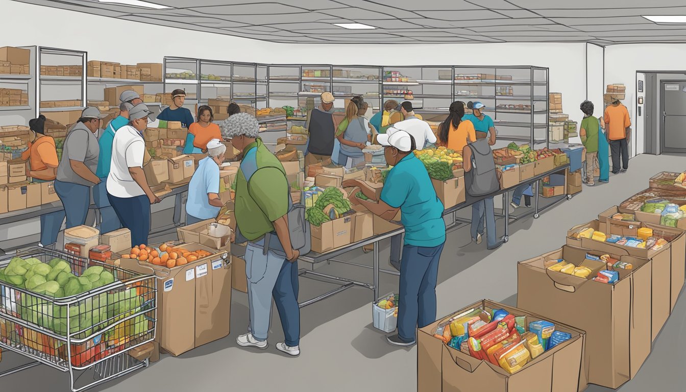 A bustling food pantry in Upshur County, Texas, with volunteers distributing free groceries to those in need