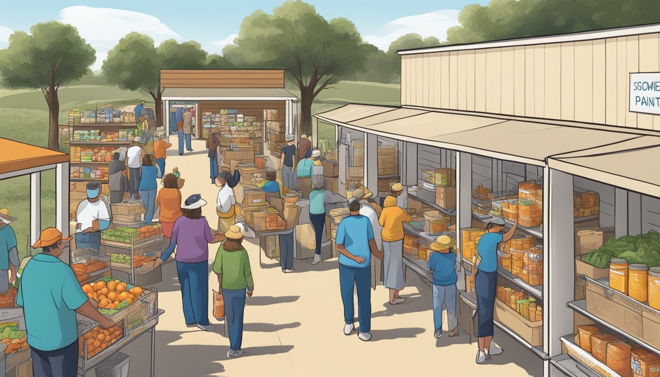 A bustling food pantry in Somervell County, Texas, with volunteers distributing free groceries to those in need