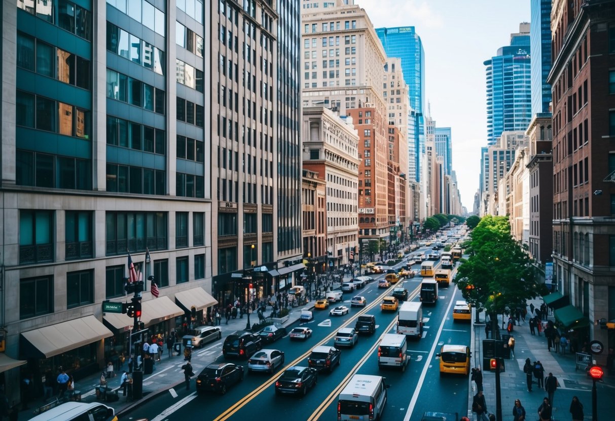 Busy city street with tall buildings, traffic, and pedestrians. Vibrant colors and varied architecture