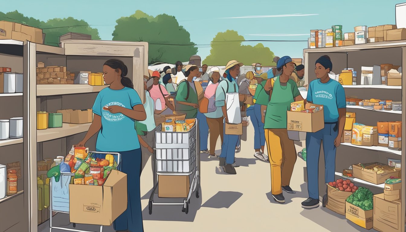 A bustling food pantry in Somervell County, Texas, with volunteers distributing free groceries to those in need