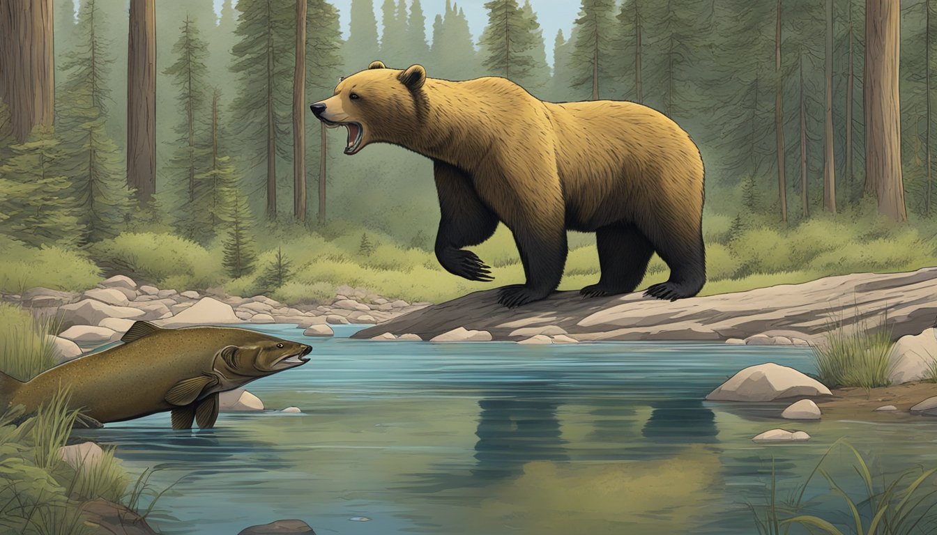 A gila trout being caught and eaten by a bear in a conservation area