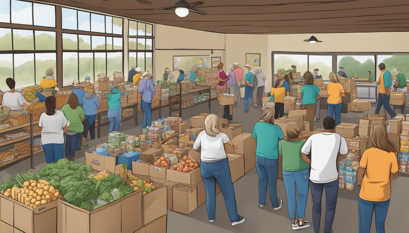 A bustling food pantry in Somervell County, Texas, with volunteers distributing free groceries to those in need amid a backdrop of community involvement and local efforts